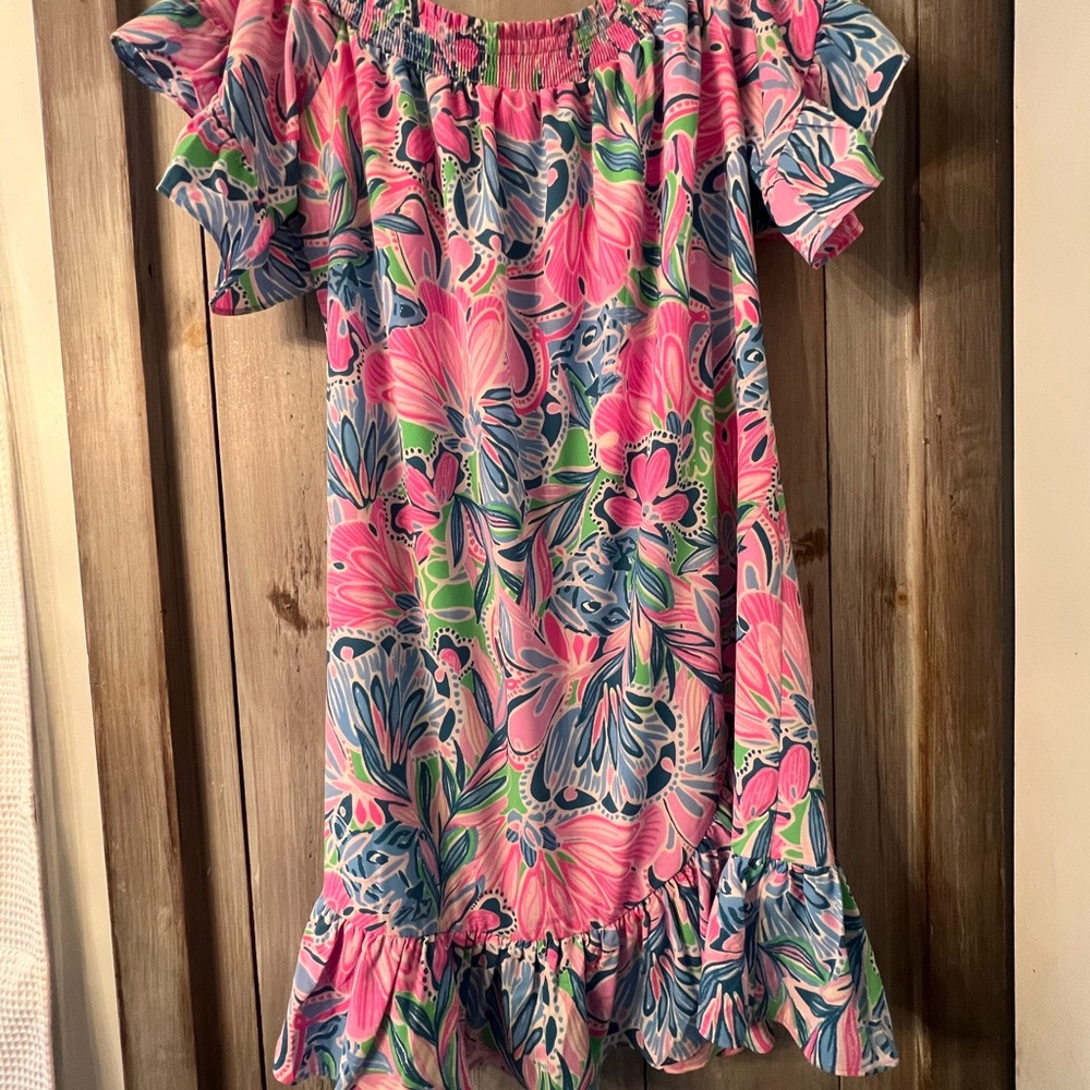 Lilly Pulitzer Pink, Blue & Green Floral Off-Shoulder Ruffle Dress